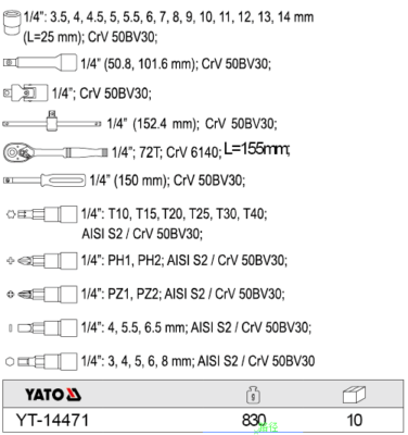 38 chi tiết Bộ Khẩu Và Cần Xiết Lực Tổng Hợp 1/4" YATO YT-14471