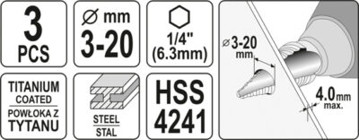 Bộ 3 mũi khoan bước tháp 3-20mm YATO YT-44731
