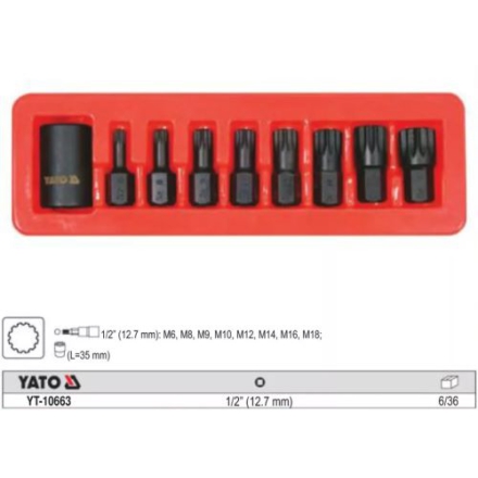 Bộ 9 đầu mũi hoa thị M6-M18 1/2" Yato YT-10663 Bộ 9 đầu mũi hoa thị M6-M18 1/2" Yato YT-10663