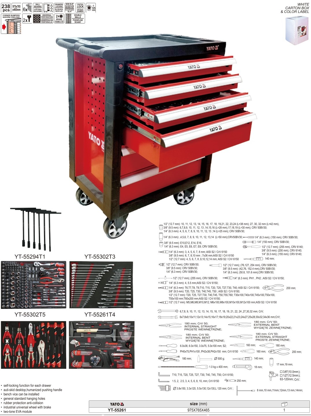 Tủ Dụng Cụ Sửa Chữa Dịch Vụ Ô Tô 238 Chi Tiết YATO YT-55261 Tủ Dụng Cụ Sửa Chữa Dịch Vụ Ô Tô 238 Chi Tiết YATO YT-55261