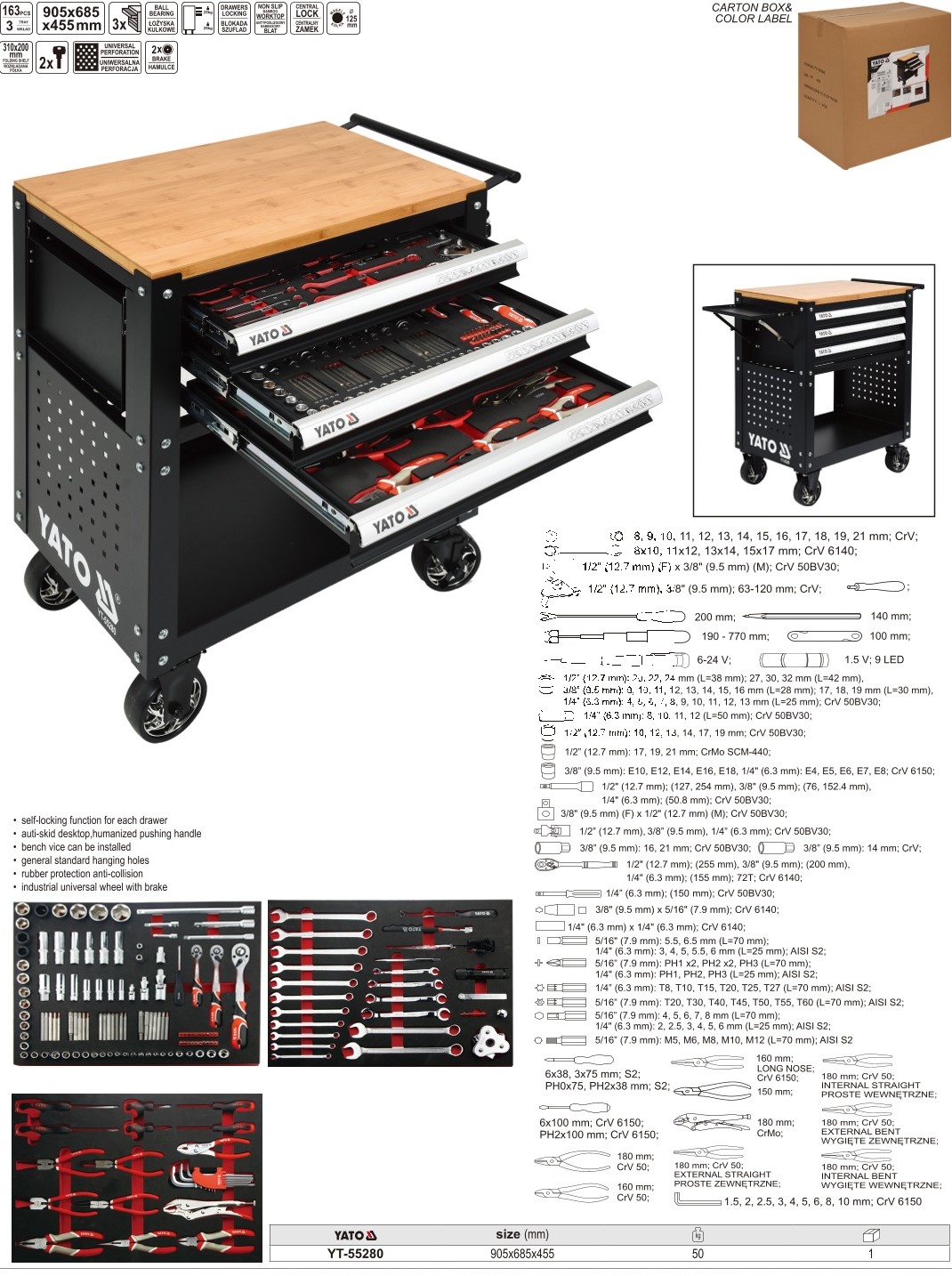Tủ Dụng Cụ Sửa Chữa Bảo Dưỡng Ô Tô 162 Chi Tiết Yato YT-55280 Chi tiết tủ dụng cụ sửa chữa ô tô Yato YT-55280