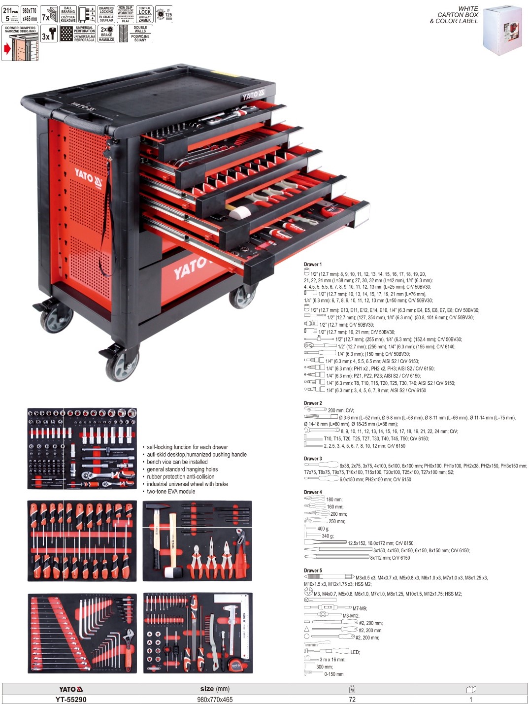 Tủ Dụng Cụ Sửa Chữa 211 Chi Tiết YATO YT-55290 Tủ Dụng Cụ Sửa Chữa 211 Chi Tiết YATO YT-55290