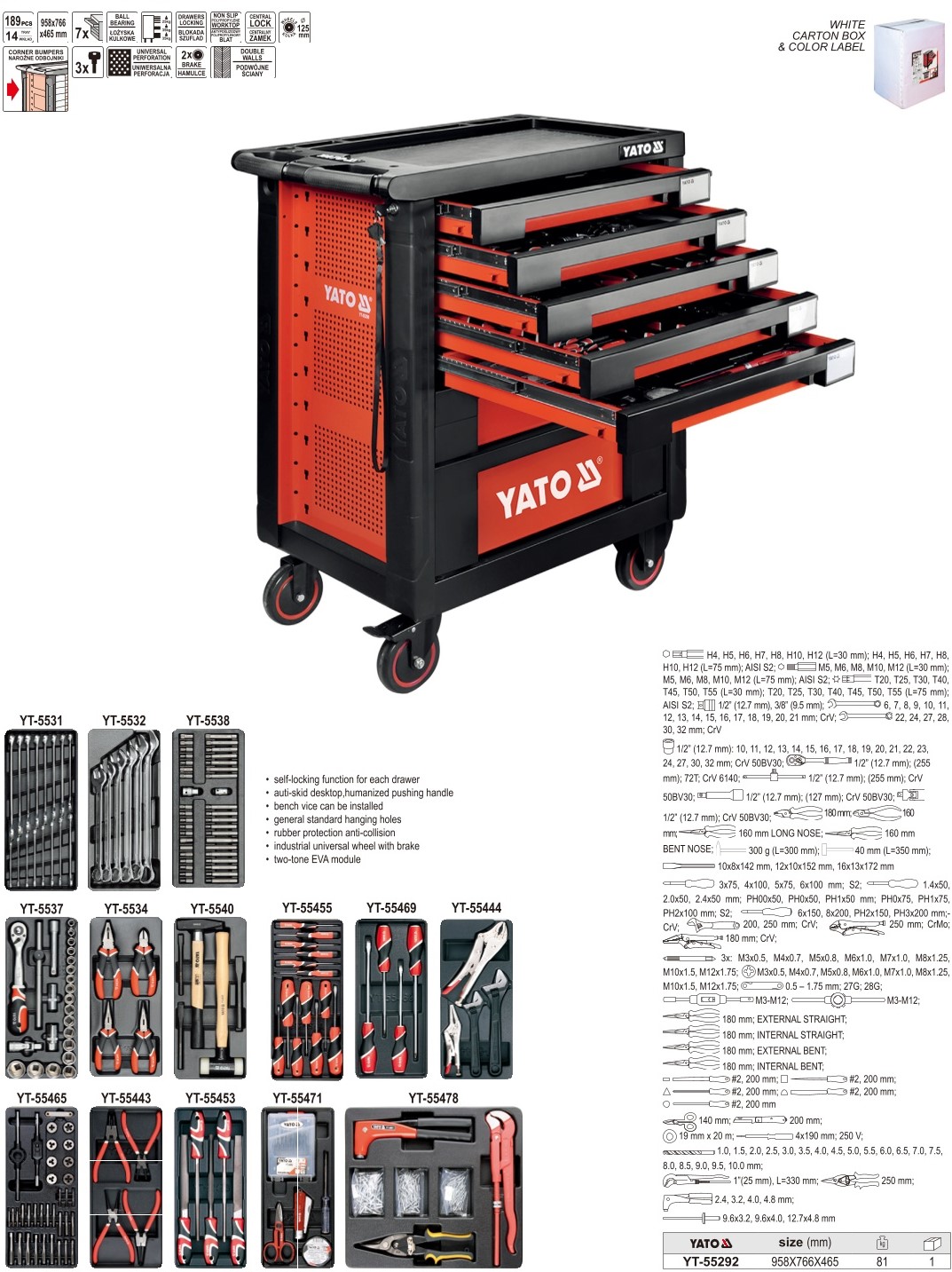 Tủ Dụng Cụ Sửa Chữa 189 Chi Tiết YATO YT-55292 Tủ Dụng Cụ Sửa Chữa 189 Chi Tiết YATO YT-55292