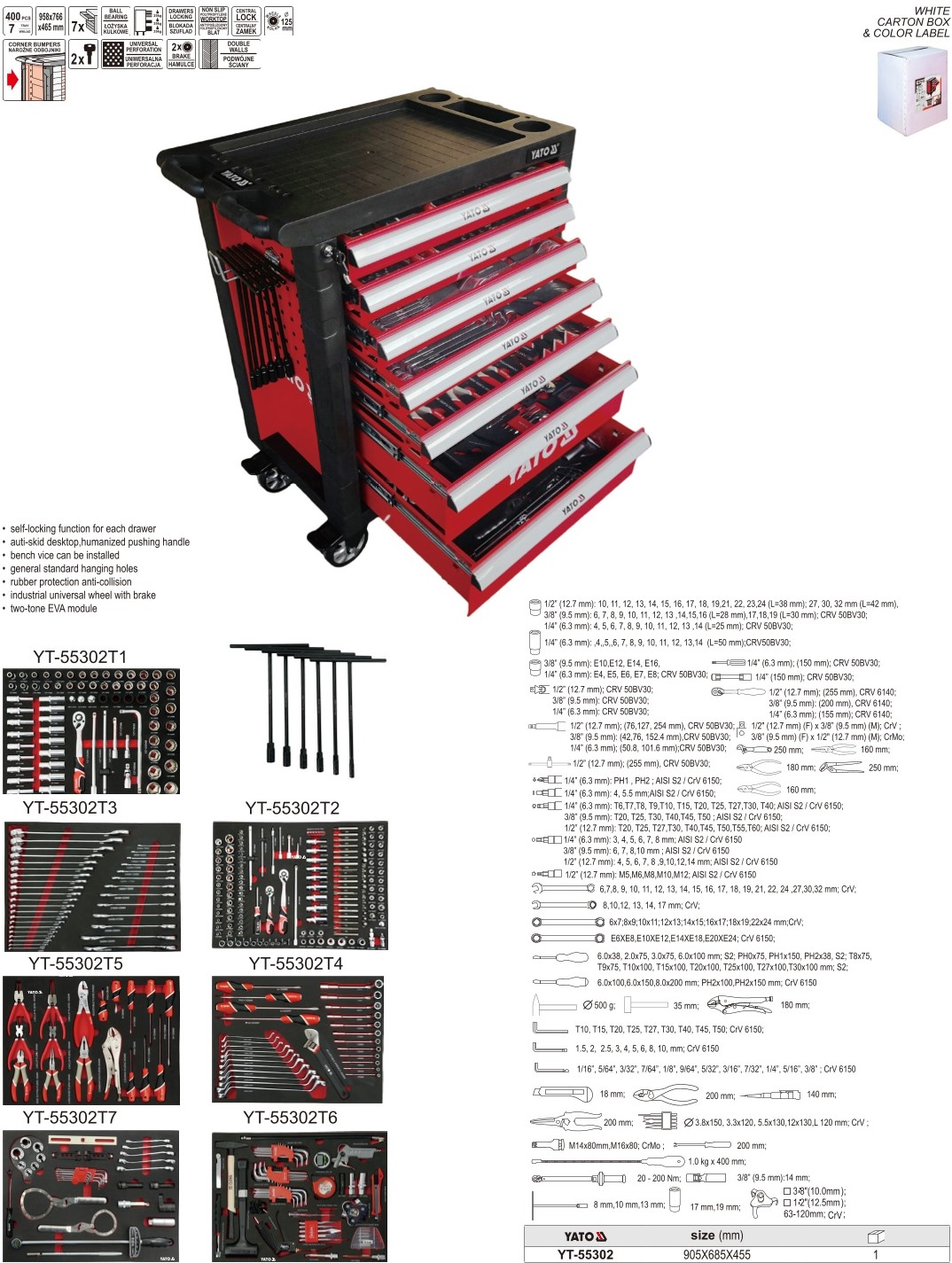 Tủ Đồ Nghề Sửa Chữa Ô Tô 400 Chi Tiết YATO YT-55302 Full 400 chi tiết của tủ sửa chữa dịch vụ ô tô Yato YT-55302