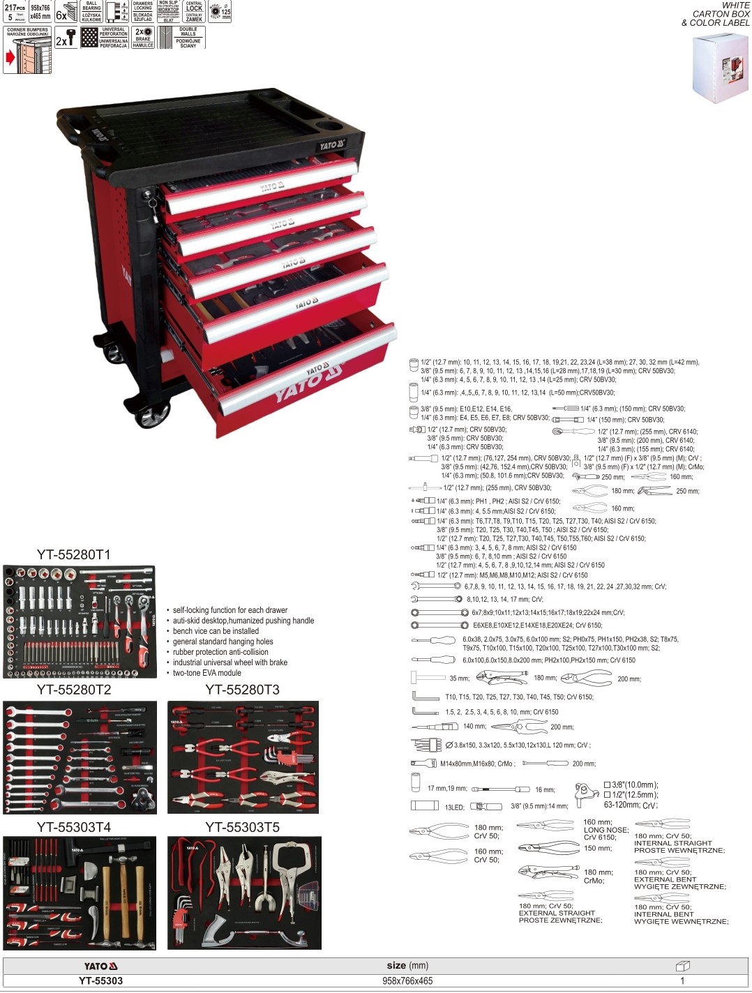 Tủ Dụng Cụ Sửa Chữa Dịch Vụ Ô Tô Làm Vỏ Sơn Đồng 217 Chi Tiết YATO YT-55303 Tủ Dụng Cụ Sửa Chữa Dịch Vụ Ô Tô Làm Vỏ Sơn Đồng 217 Chi Tiết YATO YT-55303