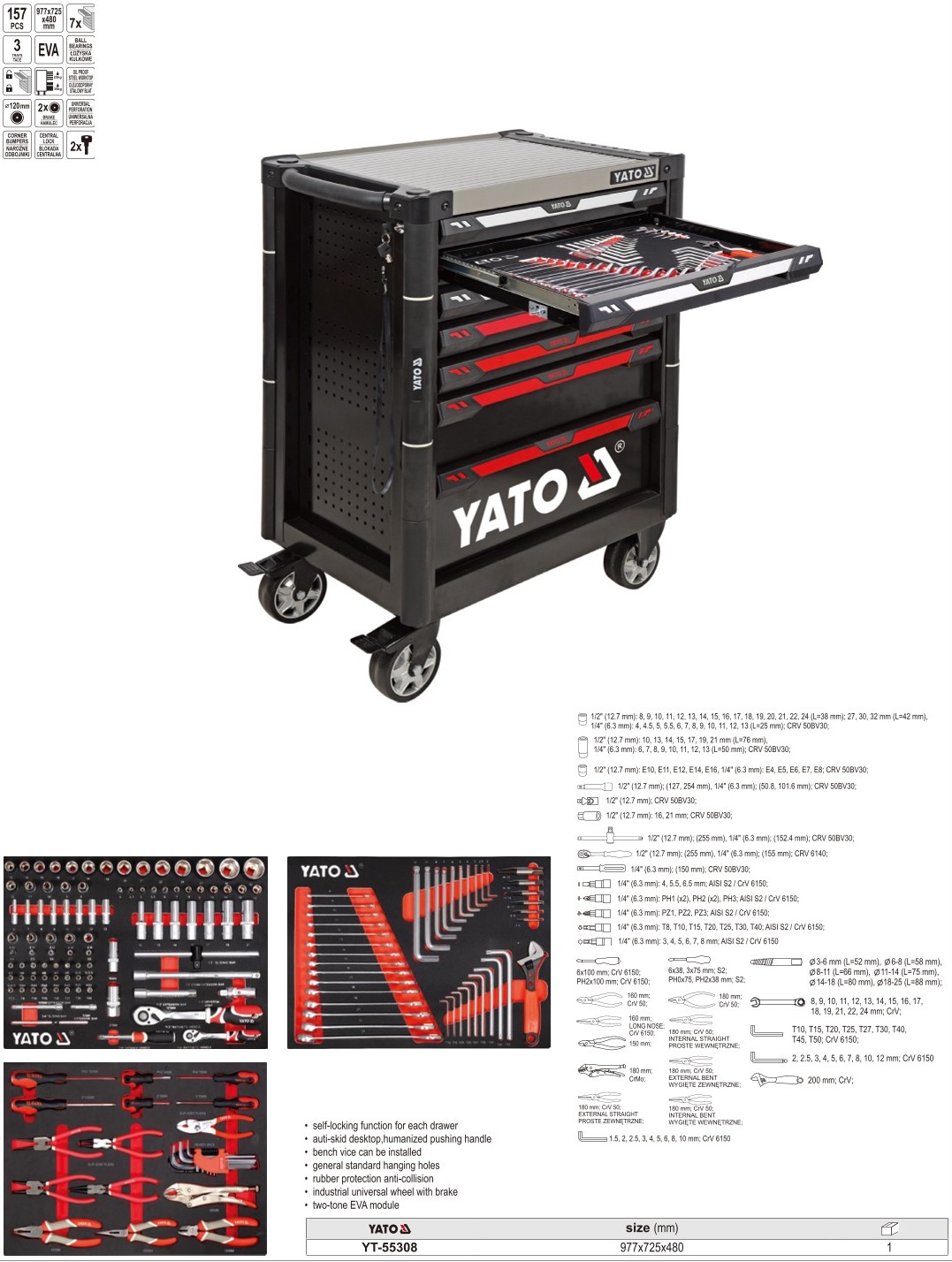 Chi tiết Tủ Dụng Cụ Sửa Chữa Dịch Vụ Ô Tô 157 Chi Tiết YATO YT-55308