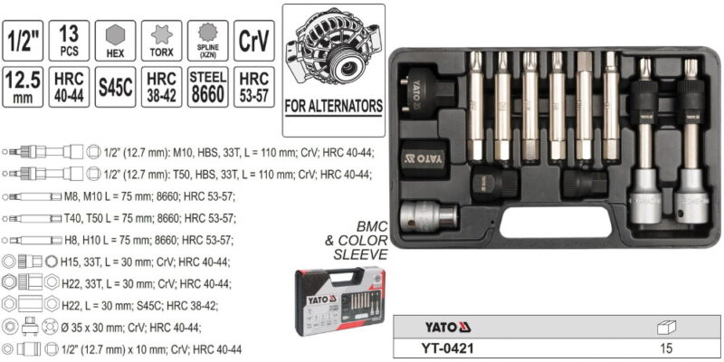 Bộ dụng cụ 1/2" tháo lắp puly máy phát 13 chi tiết Yato YT-0421 - Ba Lan