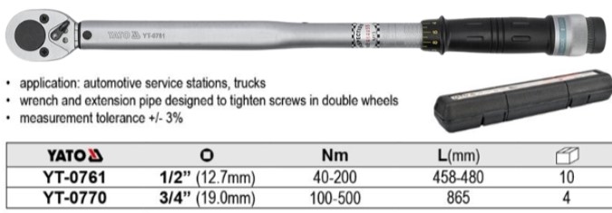 Cờ lê cân lực 3/4" L865mm 100-500NM Yato YT-0770 Ba Lan