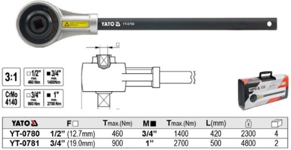 Đầu tăng lực cho cờ lê lực 3/4" 2300Nm 3:1 Yato YT-0781 Ba Lan