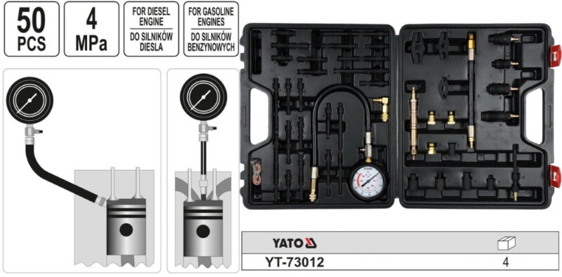 Bộ kiểm tra áp suất nén cho động cơ xăng/dầu diesel 50 chi tiết Yato YT-73012 Ba Lan