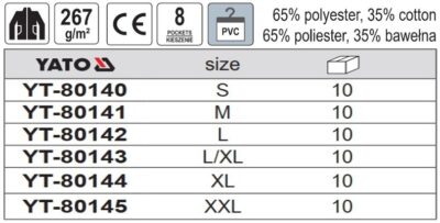 Áo khoác bảo hộ lao động Basalt 7 túi Size: S - XXL Yato YT-80140 - Ba Lan