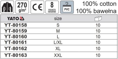 Áo khoác bảo hộ lao động Palea 7 túi Size: S - XXL Yato YT-80158 - Ba Lan