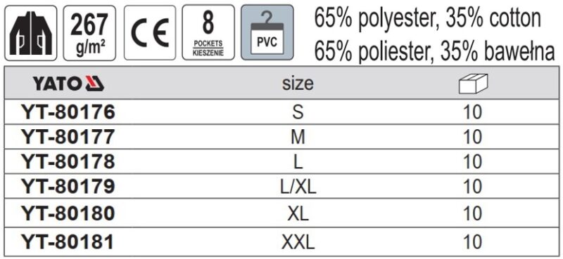 Áo khoác bảo hộ lao động Pegma Size: S - XXL Yato YT-80176 - Ba Lan
