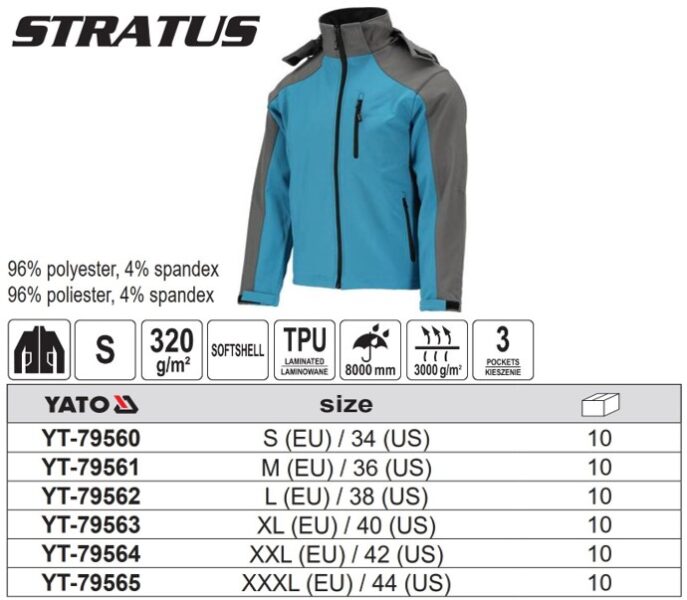 Áo khoác co giãn softshell màu xanh xám size từ: S - 3XL Yato YT-79560 - Ba Lan