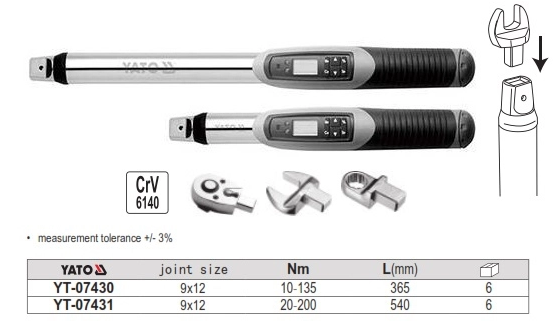 Cờ lê cân lực điện tử đầu rời 2-340Nm YT-07430 - Ba Lan
