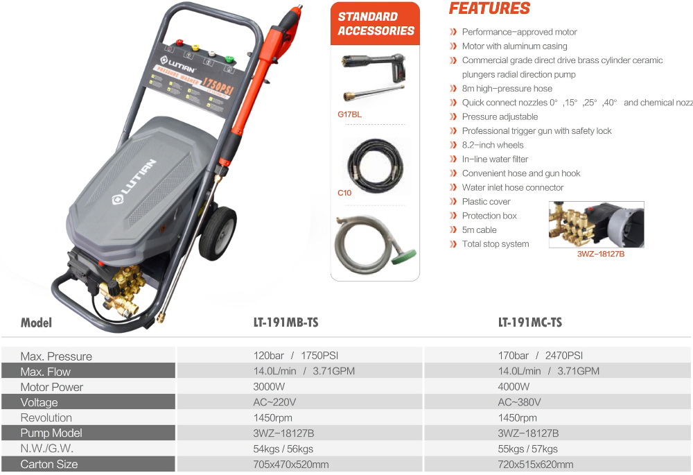 Máy rửa xe bán chuyên nghiệp tự động ngắt Lutian 3.0KW LT-191MB-TS 20 DE LT191MB TS