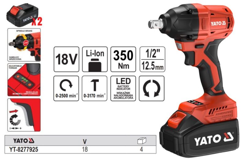 Máy mở Bulong 1/2" 350Nm 1 PIN Yato YT-8277925 x1 4Ah