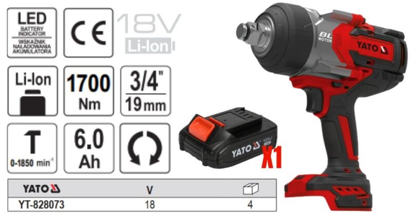 Máy bulong 3/4" pin 18V 2000Nm đầu chuyển 1/2" Yato YT-828075