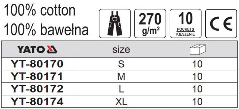 Quần yếm bảo hộ lao động Palea 10 túi Size: S - XL Yato YT-80170 - Ba Lan
