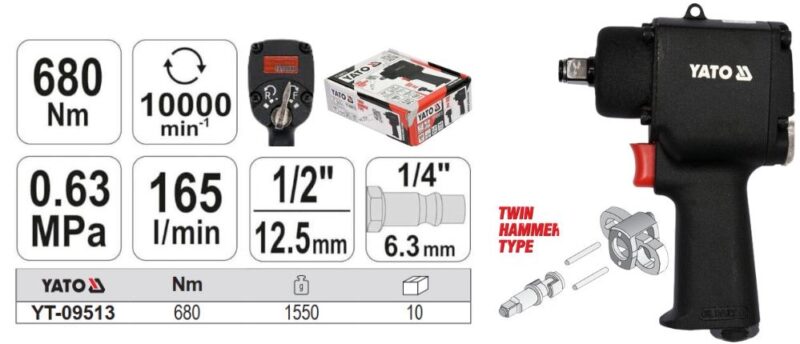 Súng bắn bulông khí nén thân ngắn 1/2" 680Nm Yato YT-09513