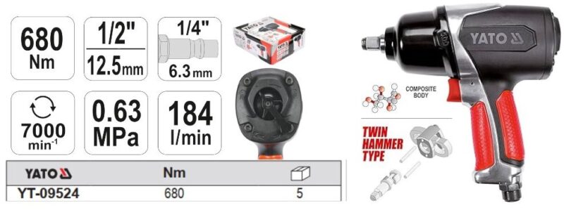 Súng mở bulông Composite 1/2" 680Nm Yato YT-09524 - Ba Lan