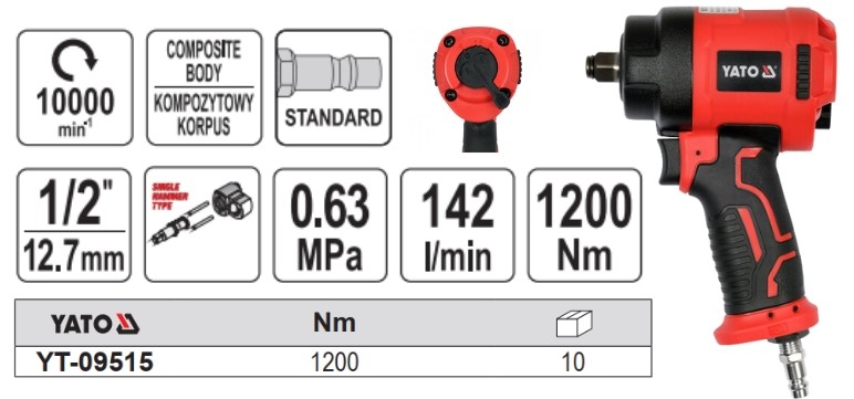 Súng mở Bulông thân ngắn Composite 1/2" 1200Nm Yato YT-09515