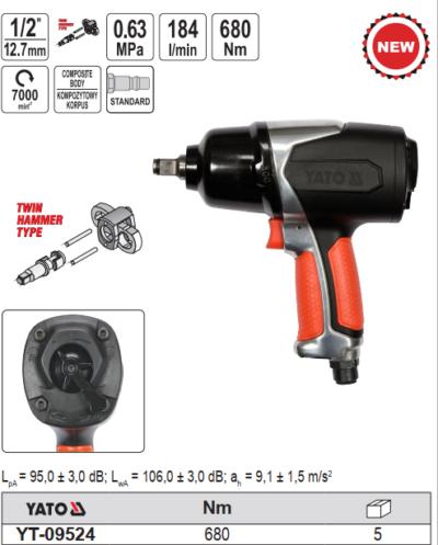 Súng mở bulông Composite 1/2" 680Nm Yato YT-09524 - Ba Lan