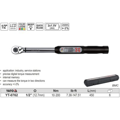 Cờ lê cân lực điện tử 1/2" L=450mm 10-200Nm Yato YT-0762