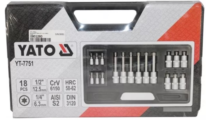 Bộ tuýp mũi vít sao 6 cánh 18 chi tiết 1/2" 1/4" T10-T60mm YATO YT-7751 Bộ tuýp mũi vít sao 6 cánh 18 chi tiết 1/2" 1/4" T10-T60mm YATO YT-7751