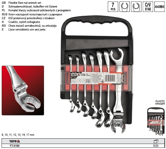 Bộ cờ lê lắc léo 2 đầu miệng 7 chi tiết Từ 8-17mm YATO YT-0190 Bộ cờ lê lắc léo 2 đầu miệng 7 chi tiết Từ 8-17mm YATO YT-0190