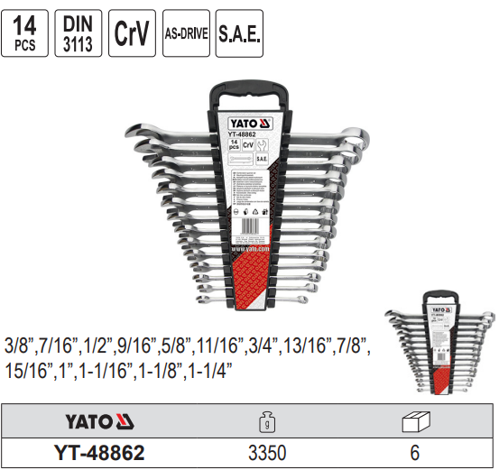 Bộ cờ lê vòng miệng hệ inch 14 chi tiết Yato YT-48862 Ba Lan