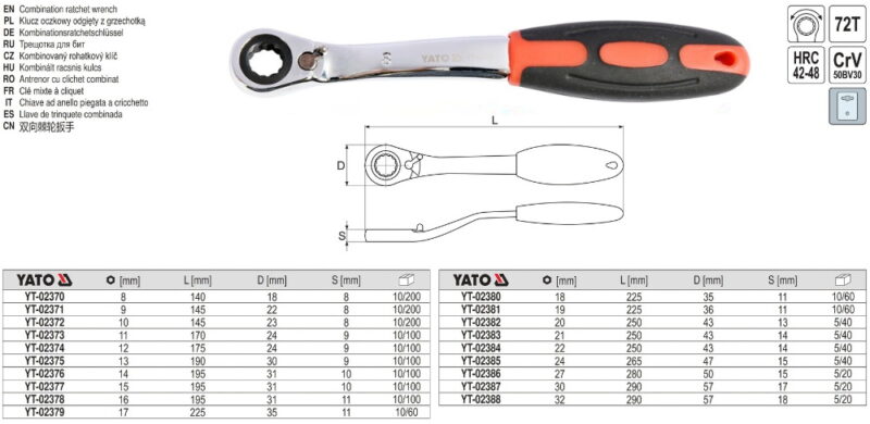 Cờ lê đầu vòng tự động,đảo chiều có chốt khóa hệ mét 8mm - 32mm Yato YT-02370