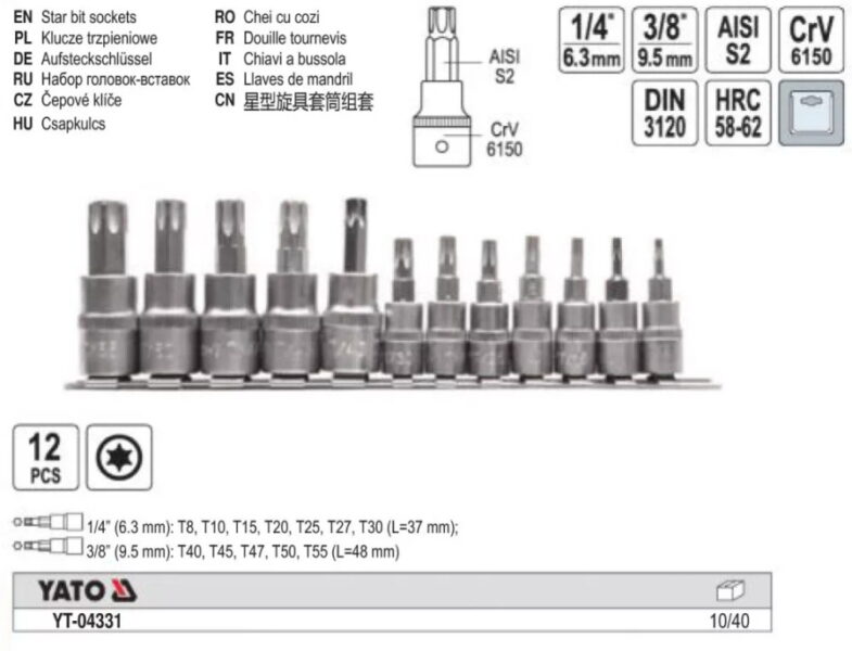 Bộ tuýp mũi hoa thị 1/4" 3/8" 12 chi tiết Yato YT-04331 - Ba Lan