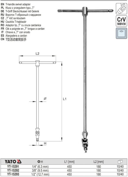 Tay vặn chữ T lắc léo 1/4" 3/8" 1/2" Yato YT-15291 Ba Lan