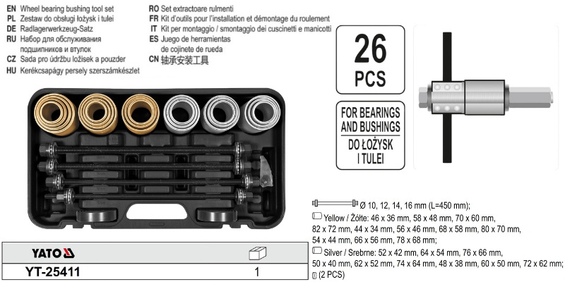 Bộ cảo vam ép cao su càng A cao su chân máy 26 chi tiết Yato YT-25411 - Ba Lan