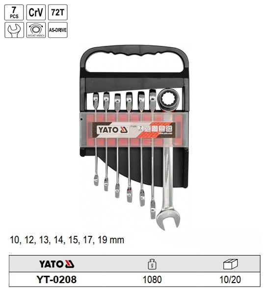 Bộ 7 cờ lê vòng miệng tự động lật đảo chiều 10-19mm Yato YT-0208 - Ba Lan