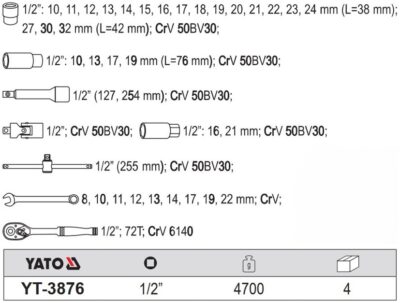 Bộ dụng cụ tổng hợp 3/8" 1/2" có tay quay chữ U 38 món Yato YT-3876 - Ba Lan