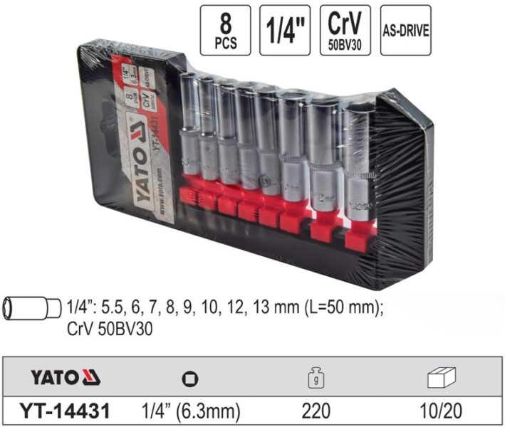 Bộ tuýp lục giác dài 50mm 1/4" 8 chi tiết YT-14431 - Ba Lan