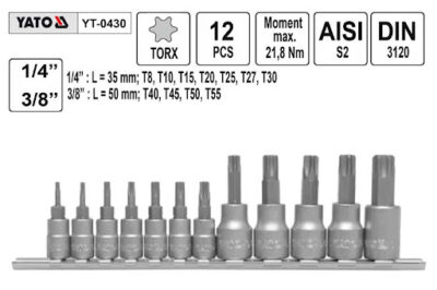 Bộ tuýp mũi sao 1/4" 3/8" 12 chi tiết 6 cạnh YT-0430 - Ba Lan