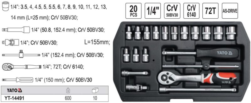 Bộ tuýp tay vặn 1/4" 3.5-14mm 20 chi tiết Yato YT-14491- Ba Lan