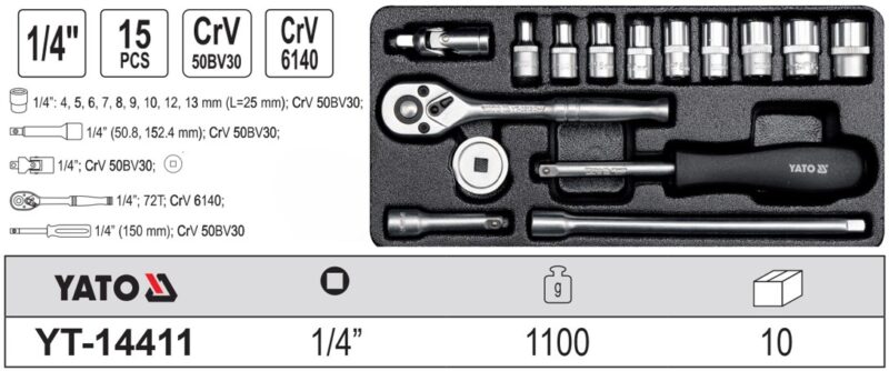 Bộ tuýp tay vặn 1/4" 4-13mm 15 chi tiết Yato YT-14411 - Ba Lan