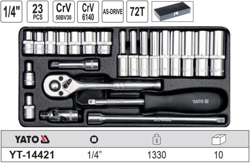 Bộ tuýp tay vặn 1/4" 4-13mm 23 chi tiết Yato YT-14421 - Ba Lan