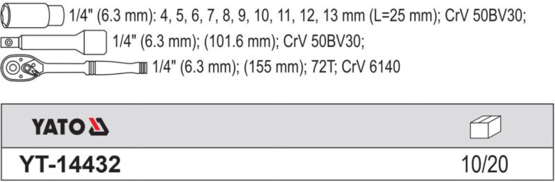 Bộ tuýp tay vặn 1/4" 4-13mm kèm thanh nối dài 12 chi tiết Yato YT-14432 - Ba Lan