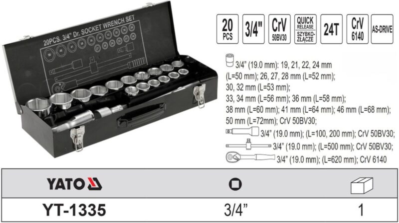 Bộ tuýp tay vặn 3/4" 19-50mm 20 chi tiết Yato YT-1335 - Ba Lan