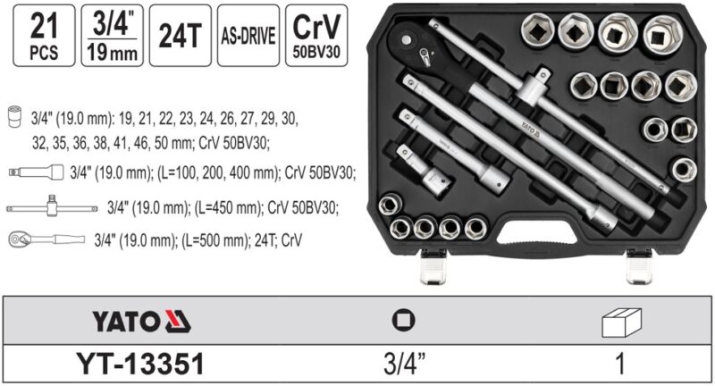 Bộ tuýp tay vặn 3/4" 19-50mm 21 chi tiết Yato YT-13351 - Ba Lan