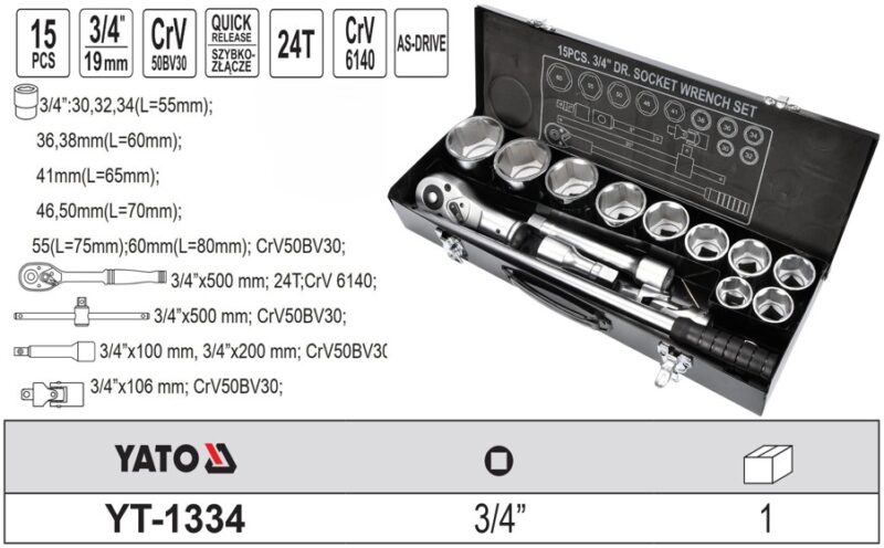 Bộ tuýp tay vặn 3/4" 30-60mm 15 chi tiết Yato YT-1334 - Ba Lan Bộ tuýp tay vặn 3/4" Yato YT-1334