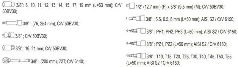Bộ tuýp tay vặn tổng hợp 3/8" 58 chi tiết Yato YT-3857 - Ba Lan