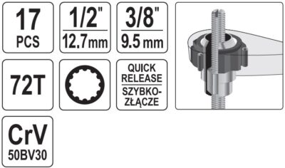 Bộ tuýp tay vặn xuyên tâm 3/8" 1/2" 13 chi tiết Yato YT-38653 - Ba Lan