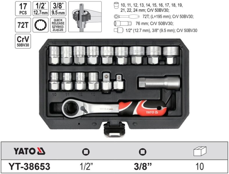 Bộ tuýp tay vặn xuyên tâm 3/8" 1/2" 13 chi tiết Yato YT-38653 - Ba Lan