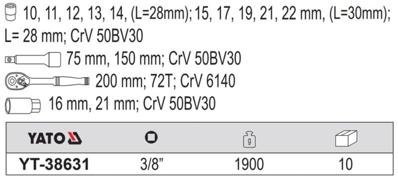 Bộ tuýp vặn tay tổng hợp 3/8" 15 món Yato YT-38631 - Ba Lan
